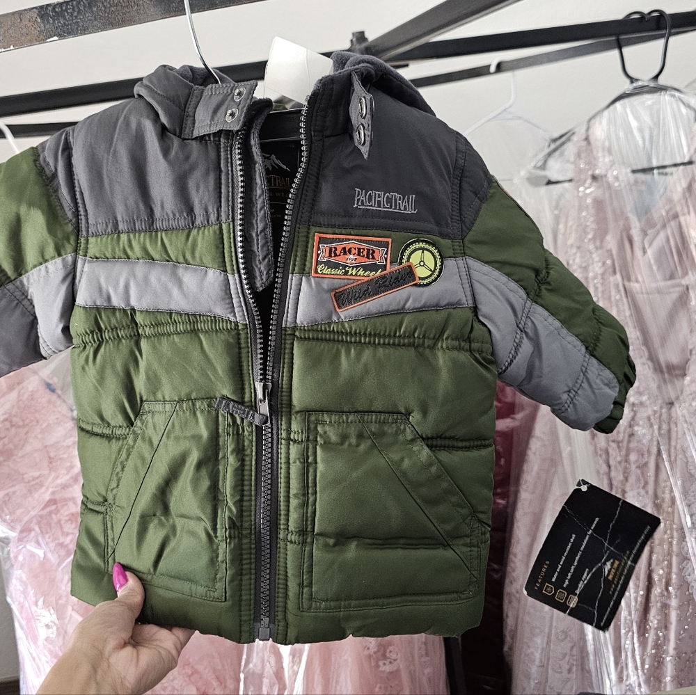 PACIFIC TRAIL Baby Boy’s Jacket NWT Olive Green Grey logo Puffer 12 Months